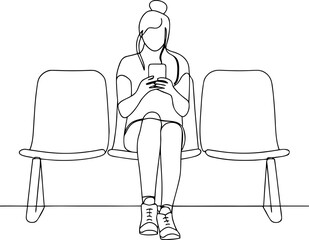 Woman using smartphone sitting single line drawing