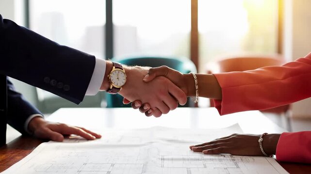 Business professionals shake hands over architectural blueprints. Man in navy suit and woman in coral blazer finalize partnership agreement. Modern office setting with natural light.