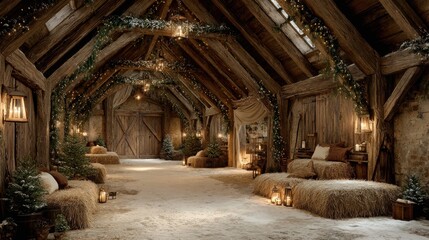 rustic barn interior decorated with pine garlands, wooden beams dusted with snow, warm lantern light casting soft shadows, hay bales arranged neatly with subtle Christmas accents, wide clean copy