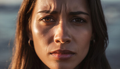 Close-up portrait of a woman with a worried expression outdoors.