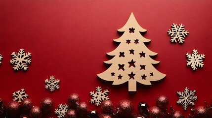 Decorative wooden Christmas tree with ornaments and snowflakes on a red background