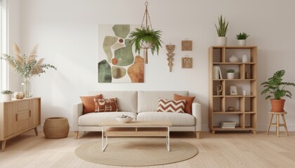 Fototapeta premium Cozy Scandinavian Living Room Interior with Neutral Tones, Potted Plants, and Wood Furniture