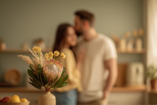 Couple smiling with a bouquet of yellow protea flowers, perfect for romantic gifts and flower subscriptions
