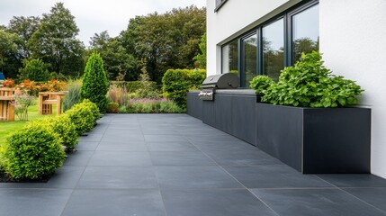 Naklejka premium Modern Outdoor Kitchen with Gray Patio Tiles and Lush Garden, Patio , Garden