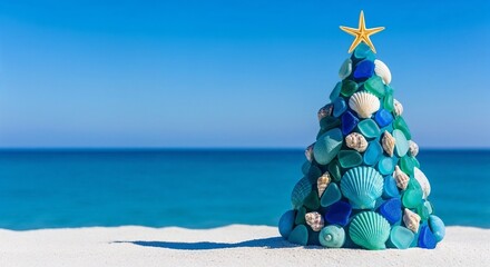 Seashell Christmas tree decorated with star on sandy beach by ocean in painted in blue and light blue colours  