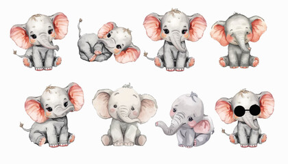 Adorable watercolor baby elephant illustrations set, showcasing cute little pachyderms in diverse playful poses, perfect for children's designs, nursery decor, and cheerful themes © Griyolabs