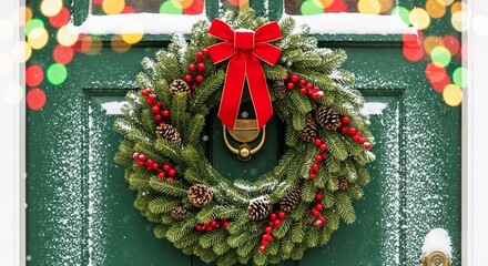 Festive Christmas wreath with red bow and berries on green door  