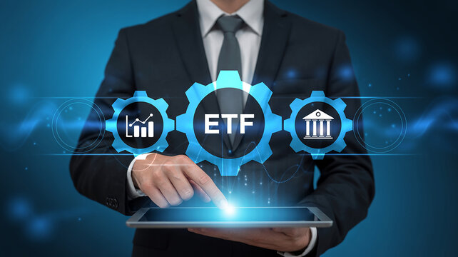 Man in suit with tablet showing ETF gears and bank icon with digital effects exchange traded fund