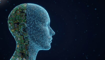 Artificial Intelligence Human Head Profile with Circuit Board and Binary Code