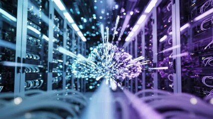 Fiber optic light burst in datacenter server room. network visualization with glowing cables, racks. Speed data transmission, cloud computing infrastructure. Perfect for technology, telecommunications - Powered by Adobe