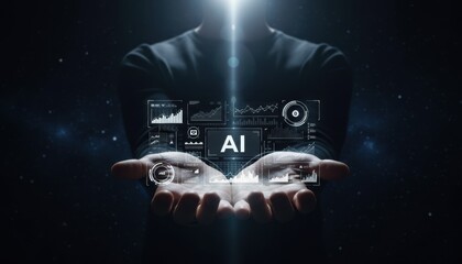 A Persons Outstretched Hands Illuminate a Holographic Ai Interface with Digital Data in a Dark, Futuristic Setting