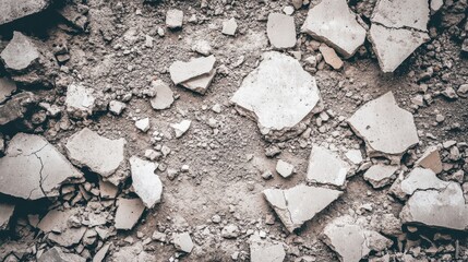 Cracked concrete fragments and debris littering a patch of ground with a rough texture