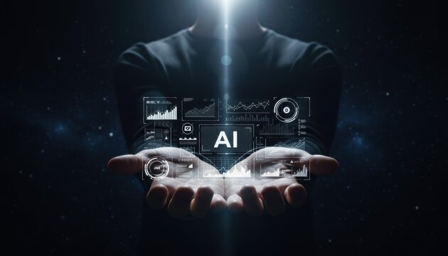 A Persons Outstretched Hands Illuminate a Holographic Ai Interface with Digital Data in a Dark, Futuristic Setting