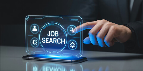 Person using futuristic holographic interface for job search with icons and glowing elements job search