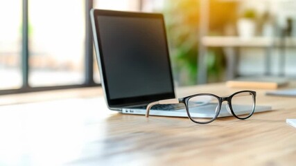 Laptop eyeglasses and plant on wooden desk in modern office workplace productivity setup