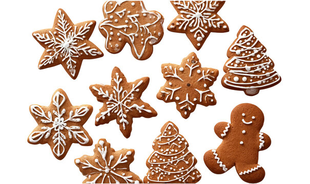 a collection of gingerbread cookies in various shapes, including snowflakes and christmas trees, arranged on a white background. the designs include intricate icing decorations like stars and smiling 