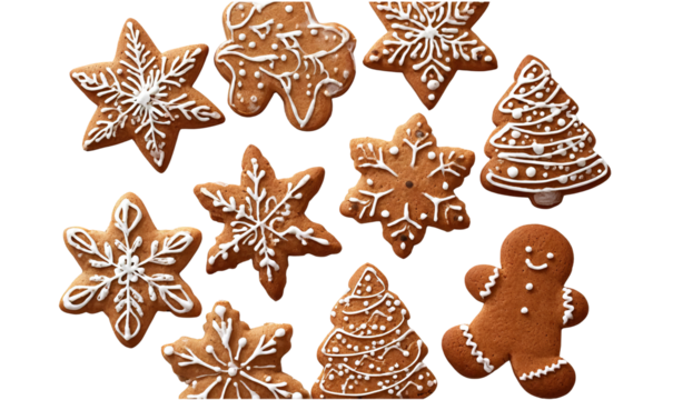 a collection of gingerbread cookies in various shapes, including snowflakes and christmas trees, arranged on a white background. the designs include intricate icing decorations like stars and smiling 