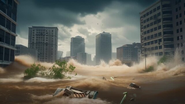 Devastating urban flood submerging a city with buildings and debris, emphasizing natural disaster consequences, animation
