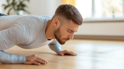 A focused man performs a push-up on a wooden floor, emphasizing strength and fitness in a bright, airy indoor space.
