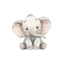 Charming watercolor baby elephant illustration, a delightful and soft pastel artwork perfect for nursery decor, children's books, cute animal themes, or playful graphic design projects