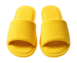 Bright yellow open-toe slippers made of soft terry cloth.