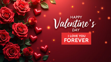 Red roses and glowing hearts frame loving message—deep red glow evokes timeless Valentine’s devotion.
