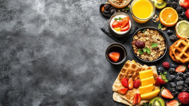 Delicious breakfast of granola fruit waffles and juice on table - Powered by Adobe