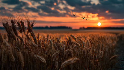 Golden wheat field at sunset with birds flying in the sky creating a peaceful and serene rural landscape at dusk hour