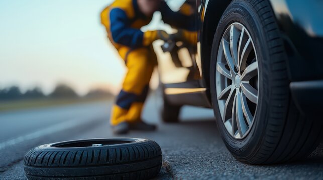 A roadside assistance worker changes a tire on a car, highlighting the importance of vehicle maintenance and quick help in emergencies.