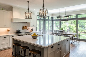 Modern kitchen interior with a large island, wooden stools, and large windows. Bright and airy space with natural light and greenery outside.