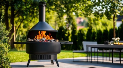 Outdoor Black Chiminea Grill with Flames in Garden Setting, Barbecue , Outdoor fire