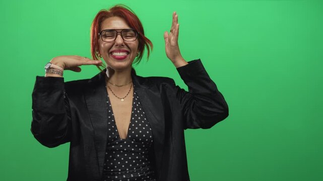 Woman smiling with hands framing face and raised palm gesture in green studio wearing polka dot dress and black blazer; joyful confidence.