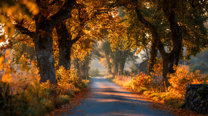 Sunlit autumn road lined with golden trees and foliage