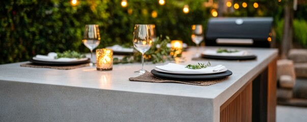 Outdoor Dining Stylish Table Setting with Grill and String Lights, Backyard ,Dinner party
