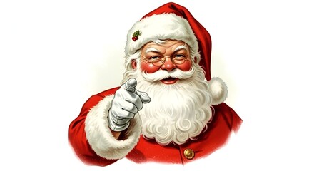 Vintage Santa Portrait Pointing Finger – Isolated on White Background