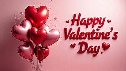 Floating heart balloons and bold red text—soft pink backdrop radiates cheerful Valentine’s celebration energy.
