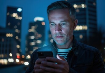 Middleaged man looking at smartphone in city at night with illuminated skyline