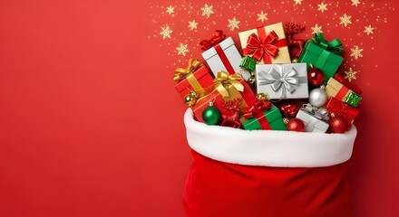 Santa’s Open Red Bag Filled with Gifts and Ornaments on Red Background