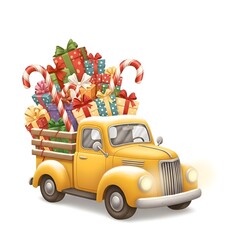 Yellow Christmas Toy Truck Delivering Gifts and Candy Canes on White Background