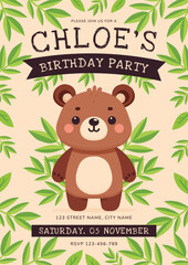 Cute Teddy Bear Kids Birthday Party Invitation Jungle Leaves Frame.