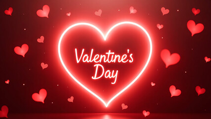 Neon heart glows with cursive Valentine’s text—scattered hearts on dark red backdrop radiate festive romance.
