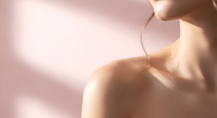 Close-Up of Woman’s Shoulder and Neck on Soft Pink Background – Minimal Beauty