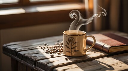 Steaming mug of coffee with scattered beans and an open book bathed in warm sunlight on a rustic wooden table