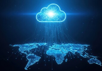 Futuristic digital cloud network connecting global map with glowing data streams and technology concept