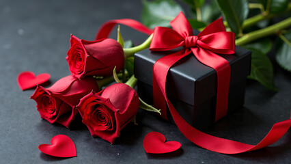 Red roses and satin gift box—dark backdrop highlights romantic elegance and heartfelt celebration.
