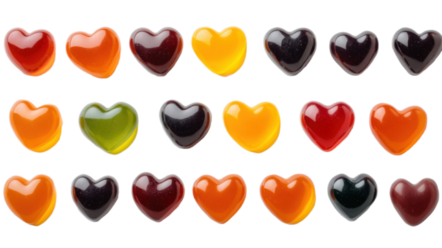 Colorful Heart-Shaped Gummies on Transparent Background