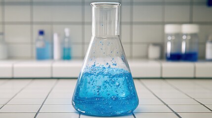 Erlenmeyer flask with azure culture medium swirling in a laboratory
