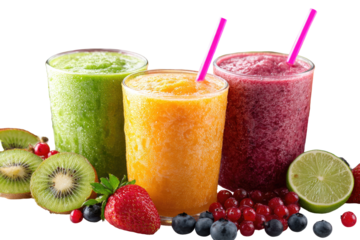 Three vibrant fruit smoothies in glasses