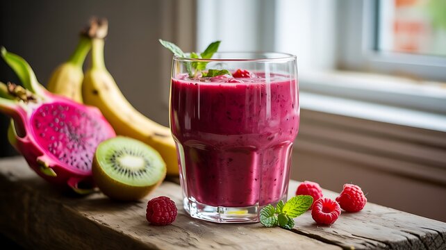 Vibrant pink dragon fruit smoothie garnished with fresh raspberries and mint leaves alongside exotic fruits
