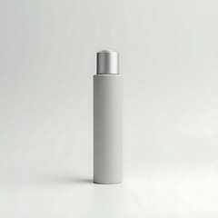 Minimalist Style Gray Bottle With Silver Cap Isolated on White Backdrop Product Photography for Mockup Design and Cosmetic Packaging